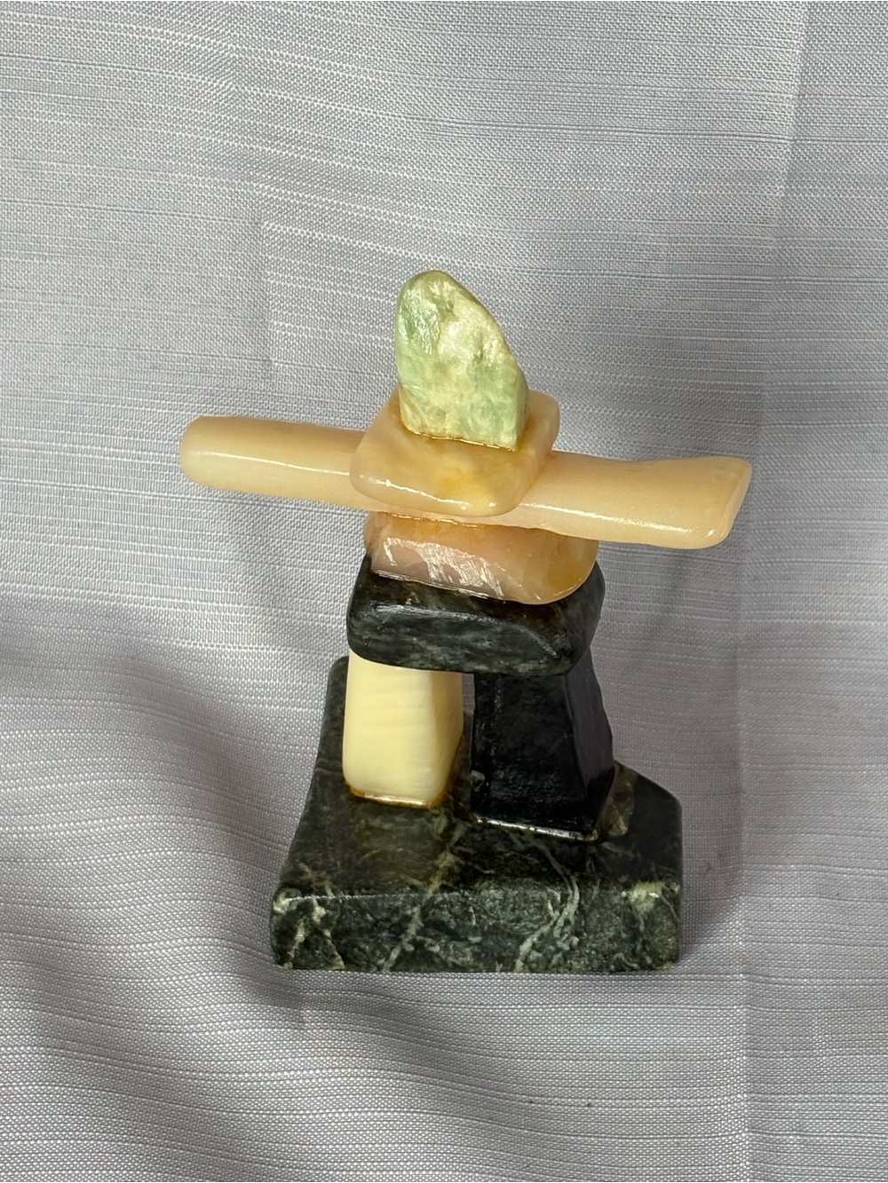 Hand-Carved Stone Inukshuk Sculpture - Green and Cream